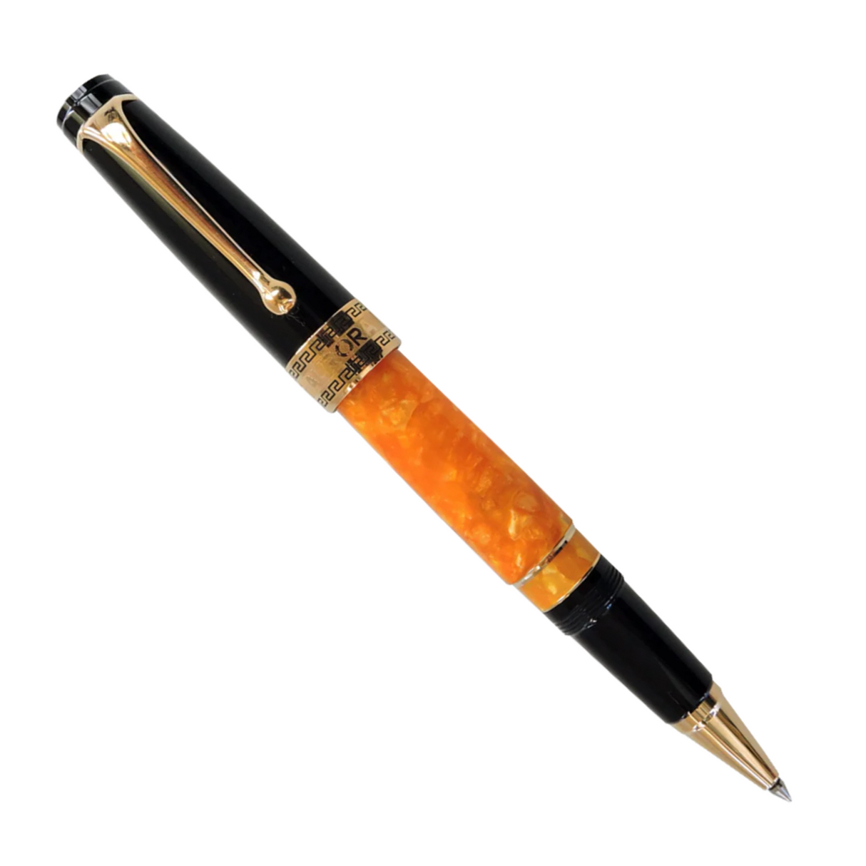 Aurora Optima O’ Sole Mio Black Resin w/ Marbled Orange Auroloide Rollerball