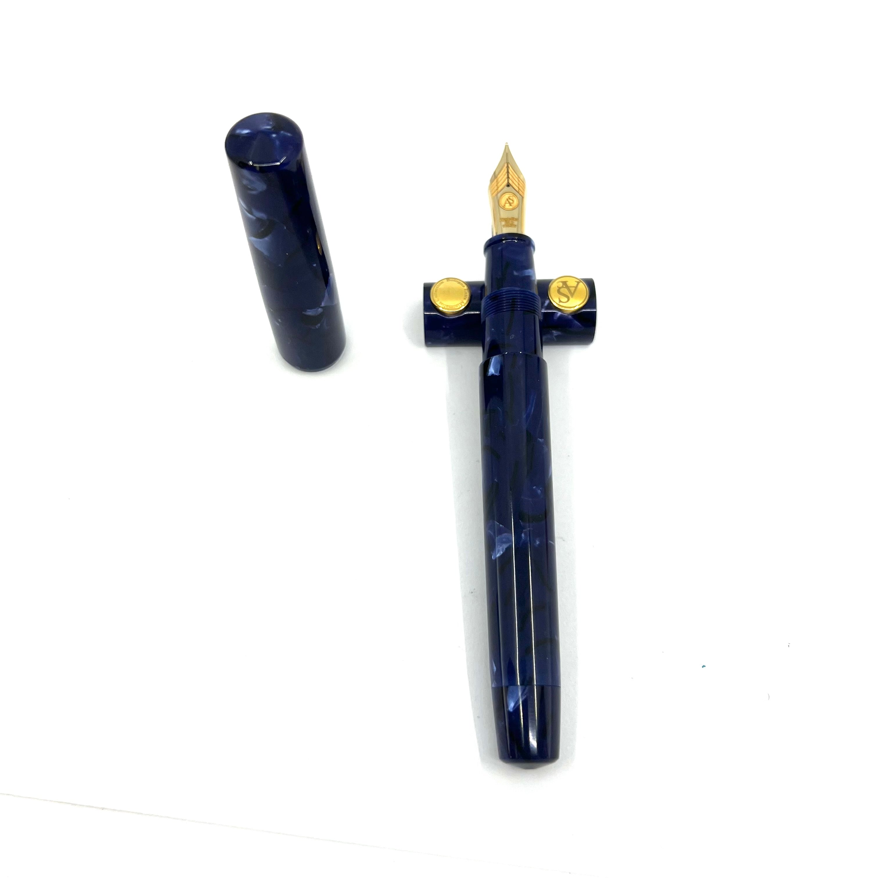 Armando Simoni Club Minimalist La Blue Royale Celluloid Oversized Fountain Pen - Magic Flex Medium #8 Size 14kt Gold Nib