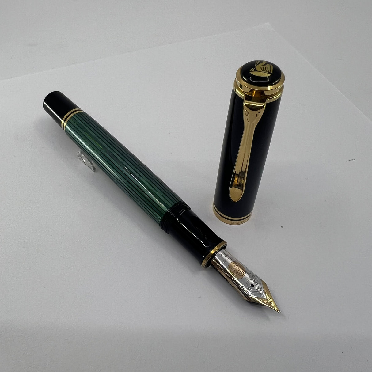 Pelikan Souveran M1000 Green Striped Barrel/Black Cap Fountain Pen - Medium 18kt Gold "PF" Nib