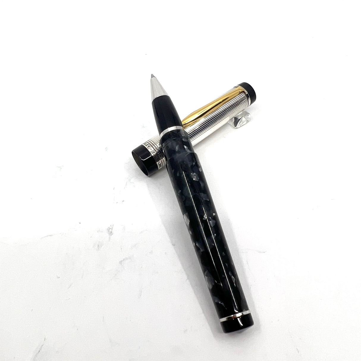 Bexley Goldline Sterling Silver Cap Charcoal Gray Marble Rollerball