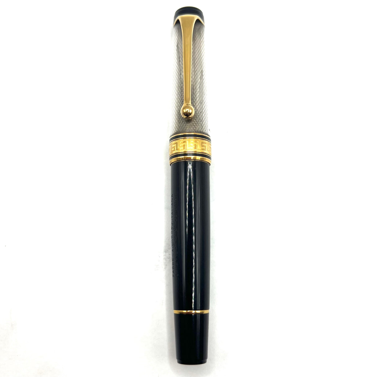 Aurora Optima Sterling Silver Guilloche Cap/Black Resin Barrel Fountain Pen - Medium 14kt Gold Nib
