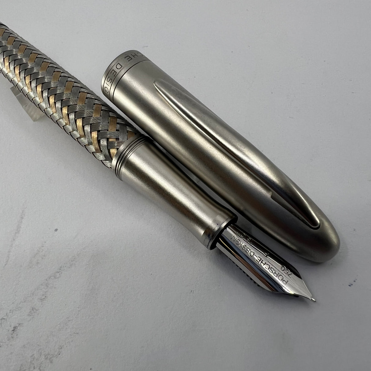 Porsche Design Tec Flex Fountain Pen - Two-Tone Basket Weave Barrel - Fine 18kt Gold Nib