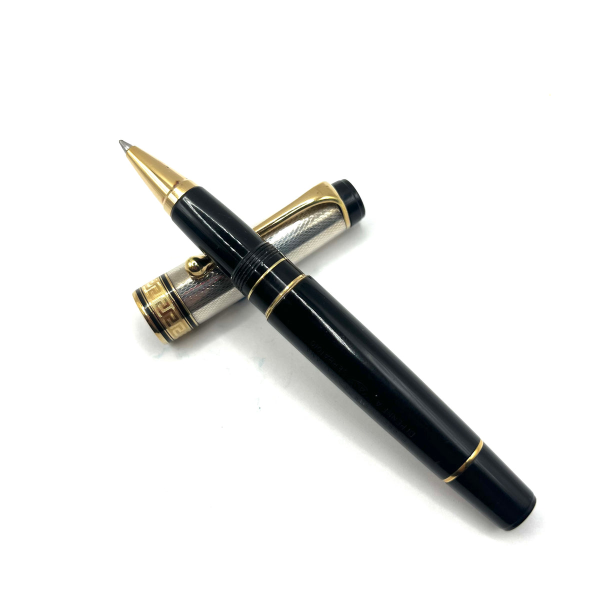 Aurora Optima Sterling Silver Guilloche Cap/Black Resin Barrel Rollerball