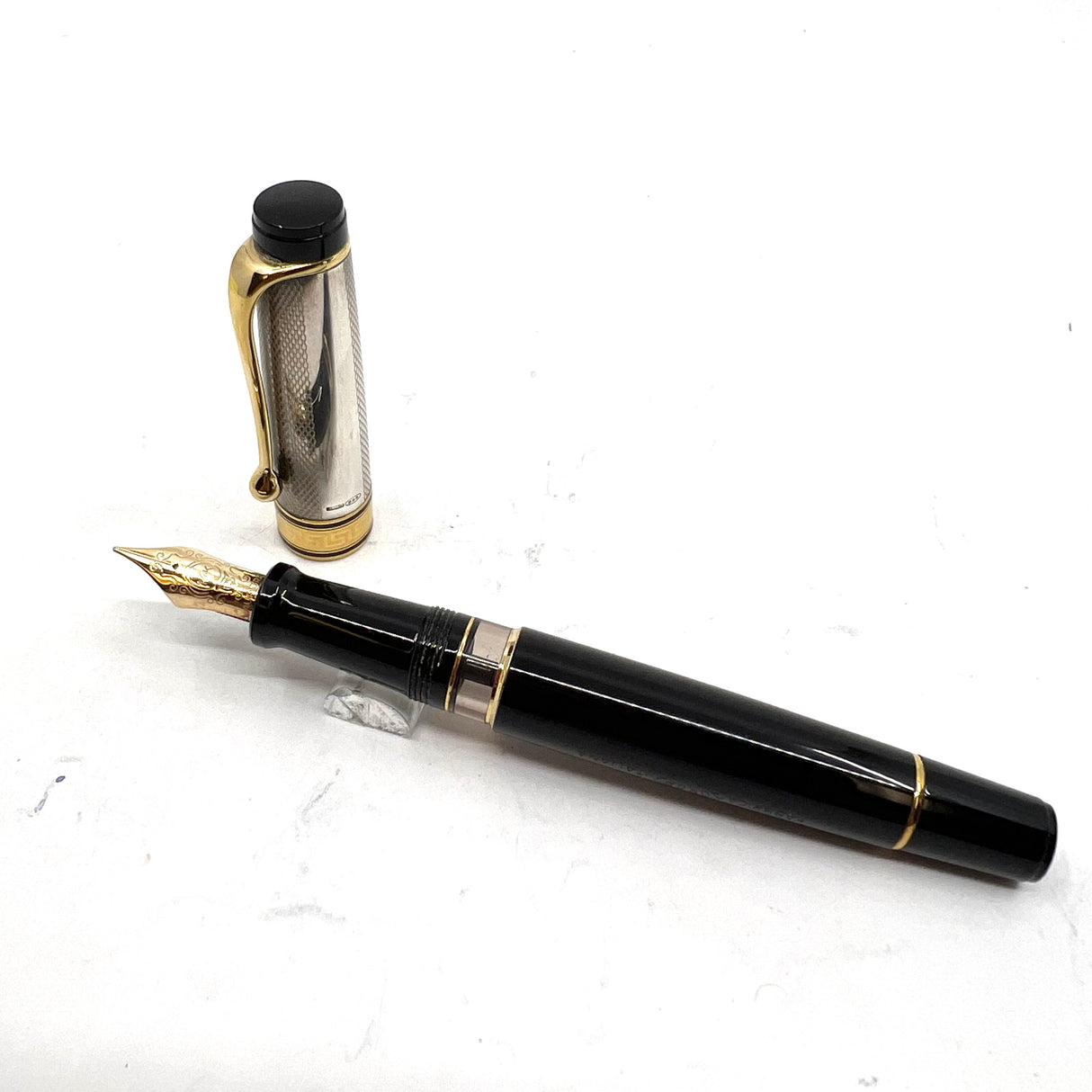 Aurora Optima Black Resin/Sterling Silver Guilloche Cap Fountain Pen