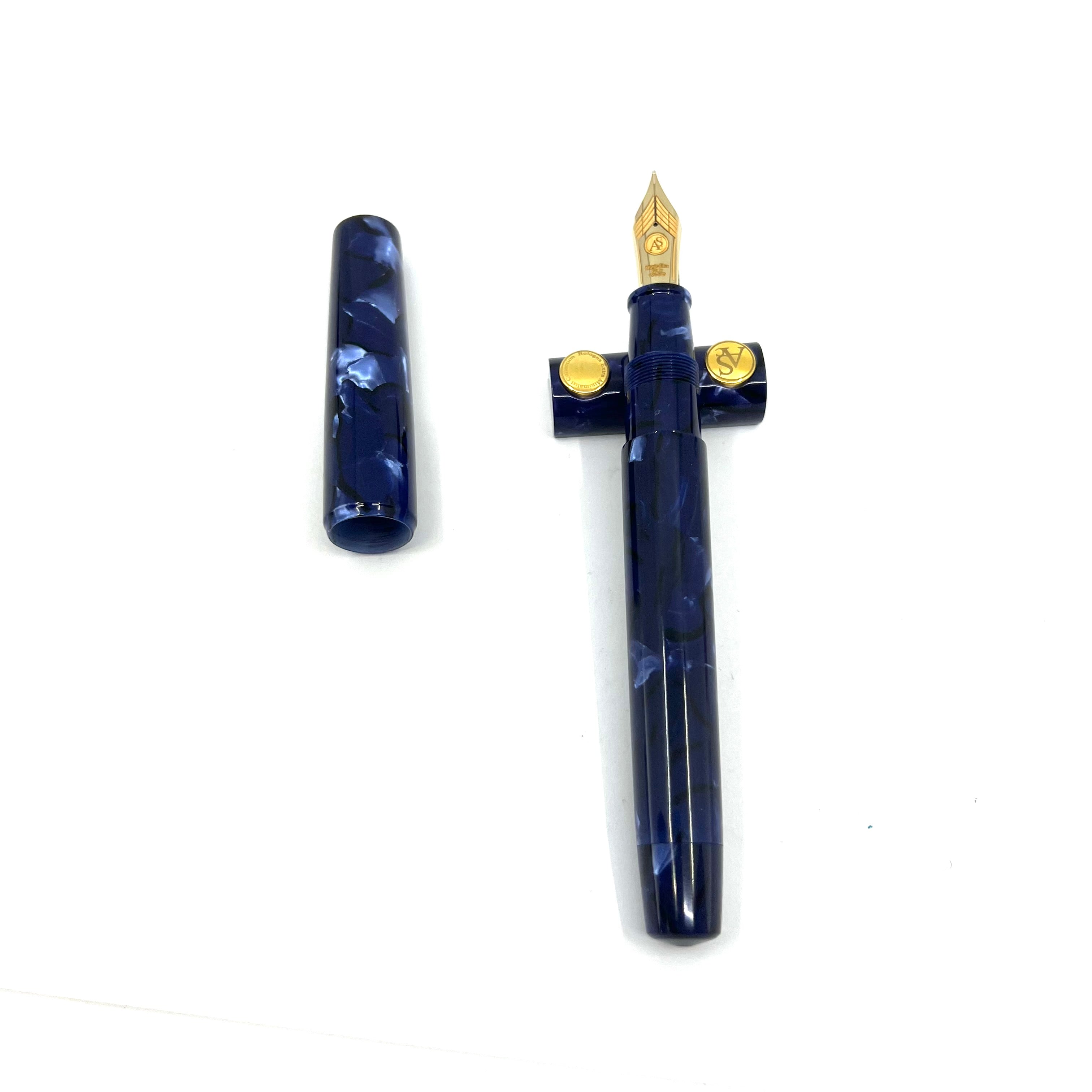 Armando Simoni Club Minimalist La Blue Royale Celluloid Oversized Fountain Pen - Magic Flex Medium #8 Size 14kt Gold Nib