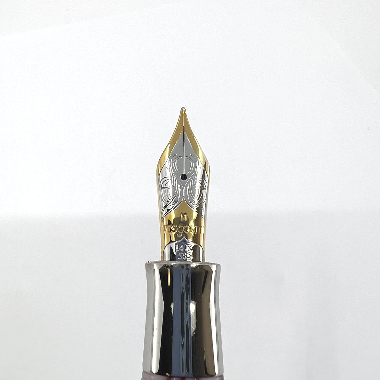 Visconti Opera Fountain Pen with Burgundy Streaking on Lustrous White Backdrop - Medium 14kt Gold Nib