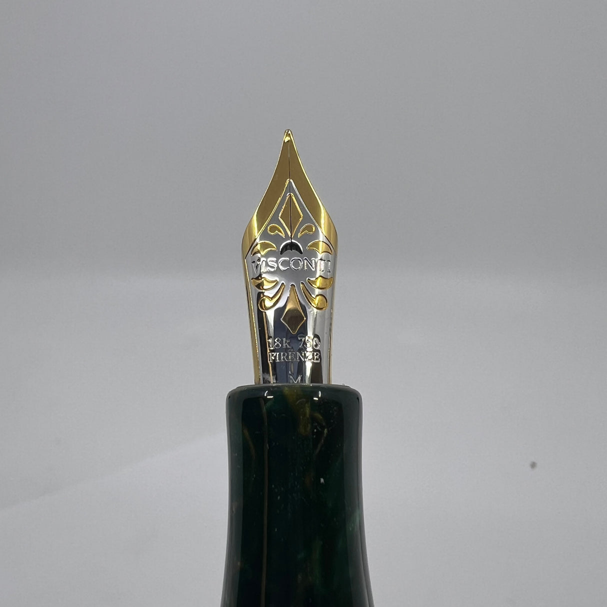 Visconti Grande Green Marbled/Bronze Streaked "Michelangelo" Celluloid Fountain Pen Circa 2000 - Fine 18kt Gold Nib