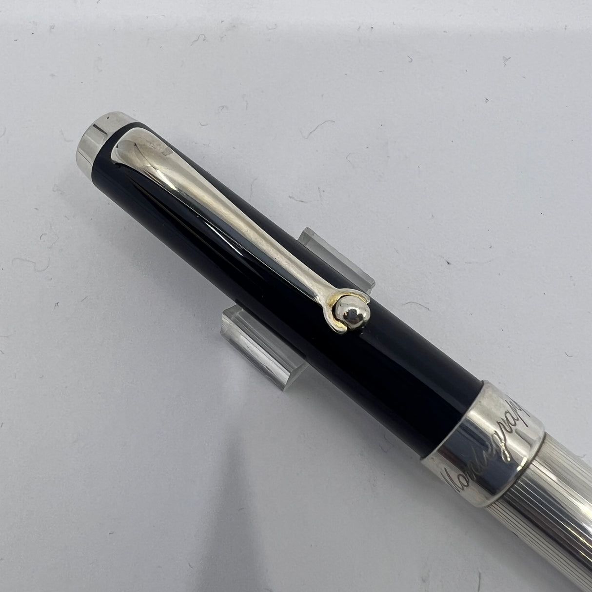 Montegrappa Ballpoint Pen with Dark Blue Cap & Sterling Silver Barrel and Trim