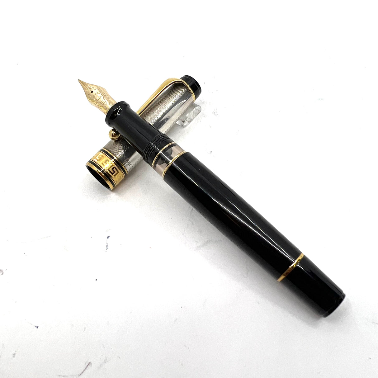 Aurora Optima Black Resin/Sterling Silver Guilloche Cap Fountain Pen