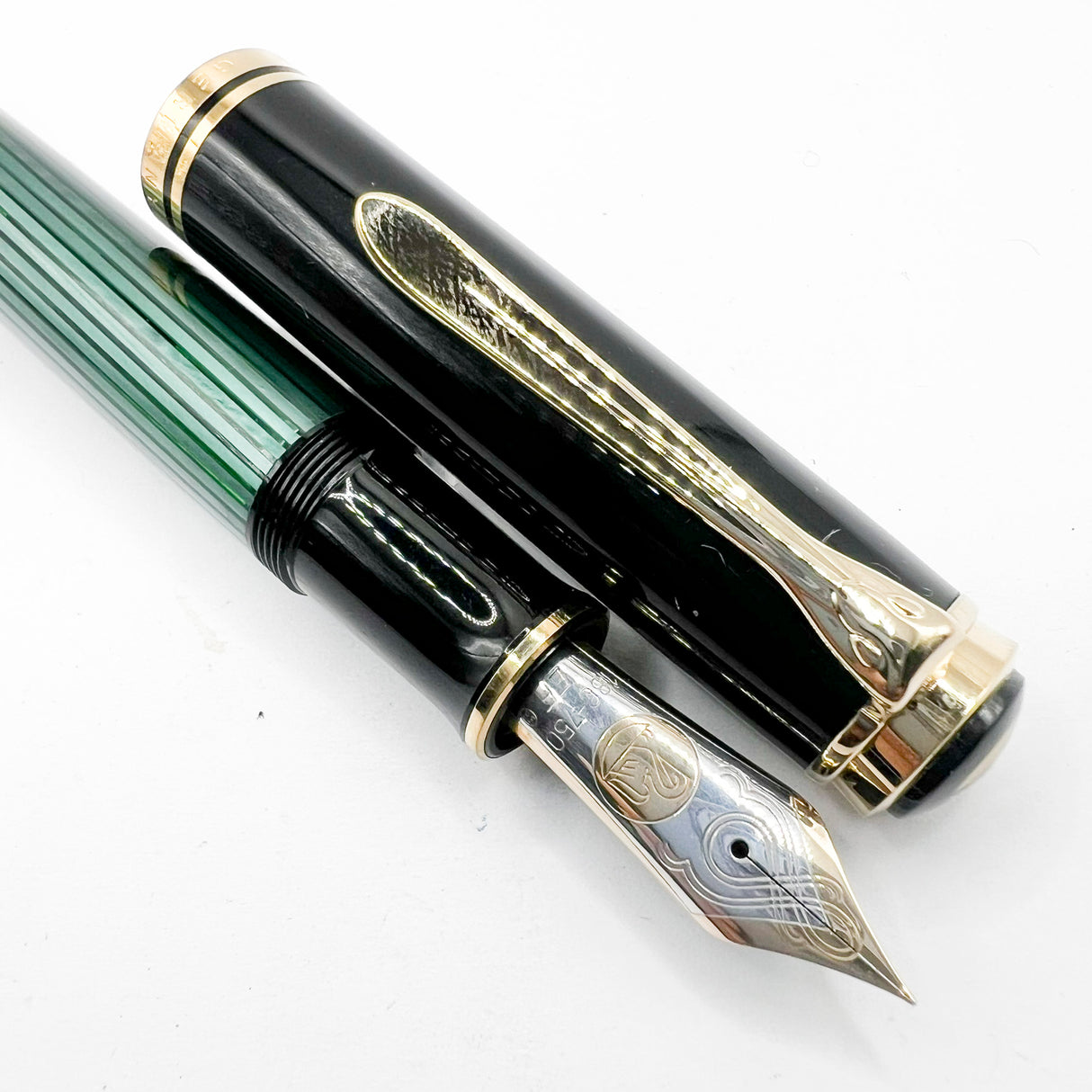 Pelikan Early Souveran M1000 Green Striped Barrel/Black Cap Fountain Pen - Extra Fine 18C Gold Nib
