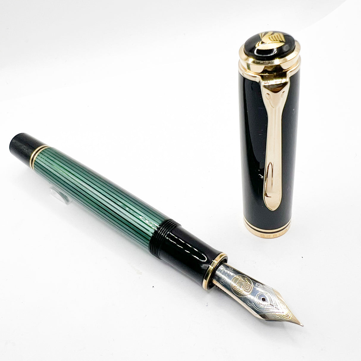 Pelikan Early Souveran M1000 Green Striped Barrel/Black Cap Fountain Pen - Extra Fine 18C Gold Nib