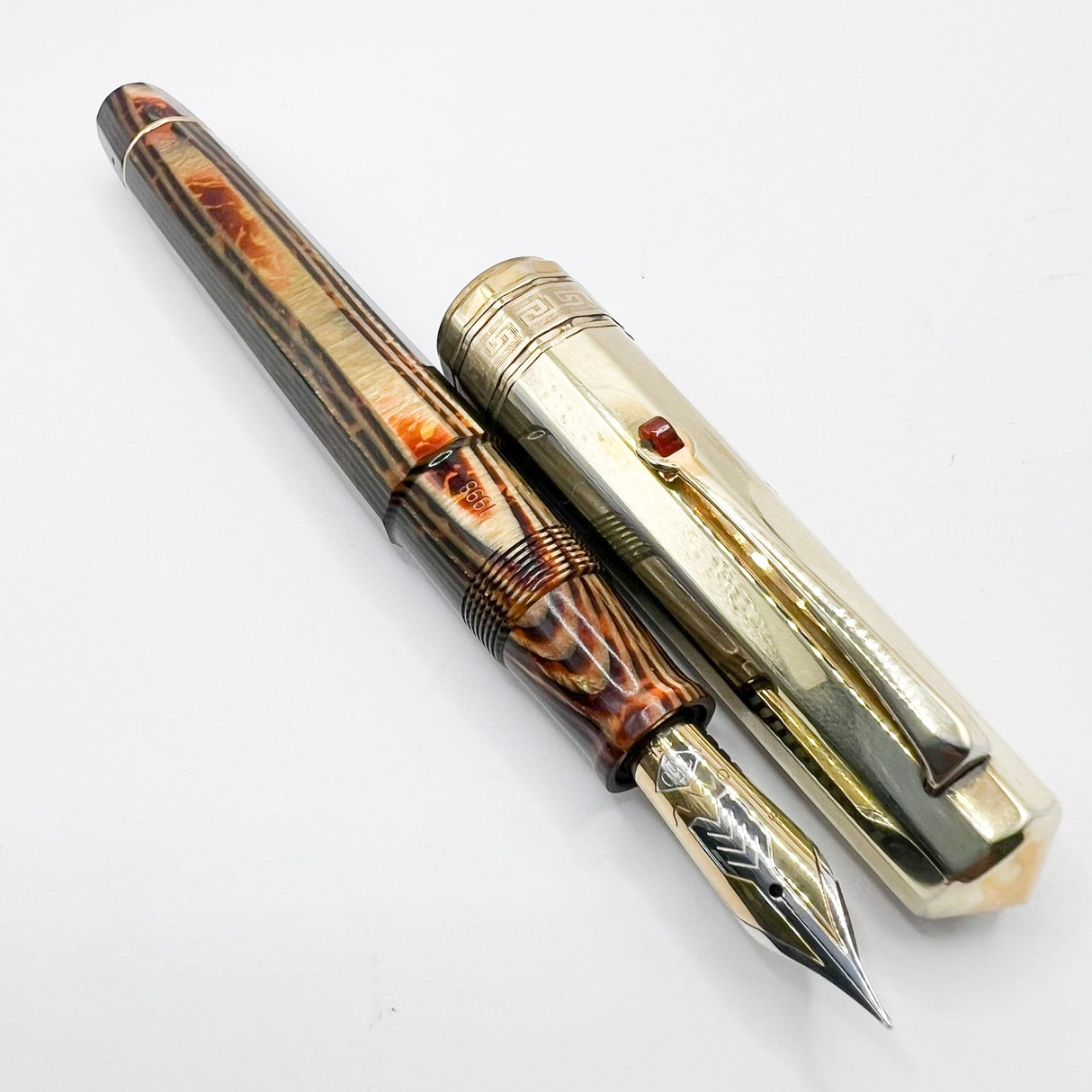 OMAS Arte Italiana Paragon Facetted Fountain Pen - Bronze Arco Celluloid Barrel/Vermeil Cap - Fine 18kt Gold Nib
