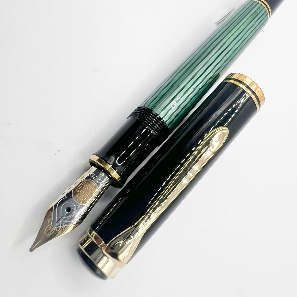 Pelikan M800 Souveran Black Cap & Green Striped Barrel Fountain Pen - Broad 18kt Gold Nib