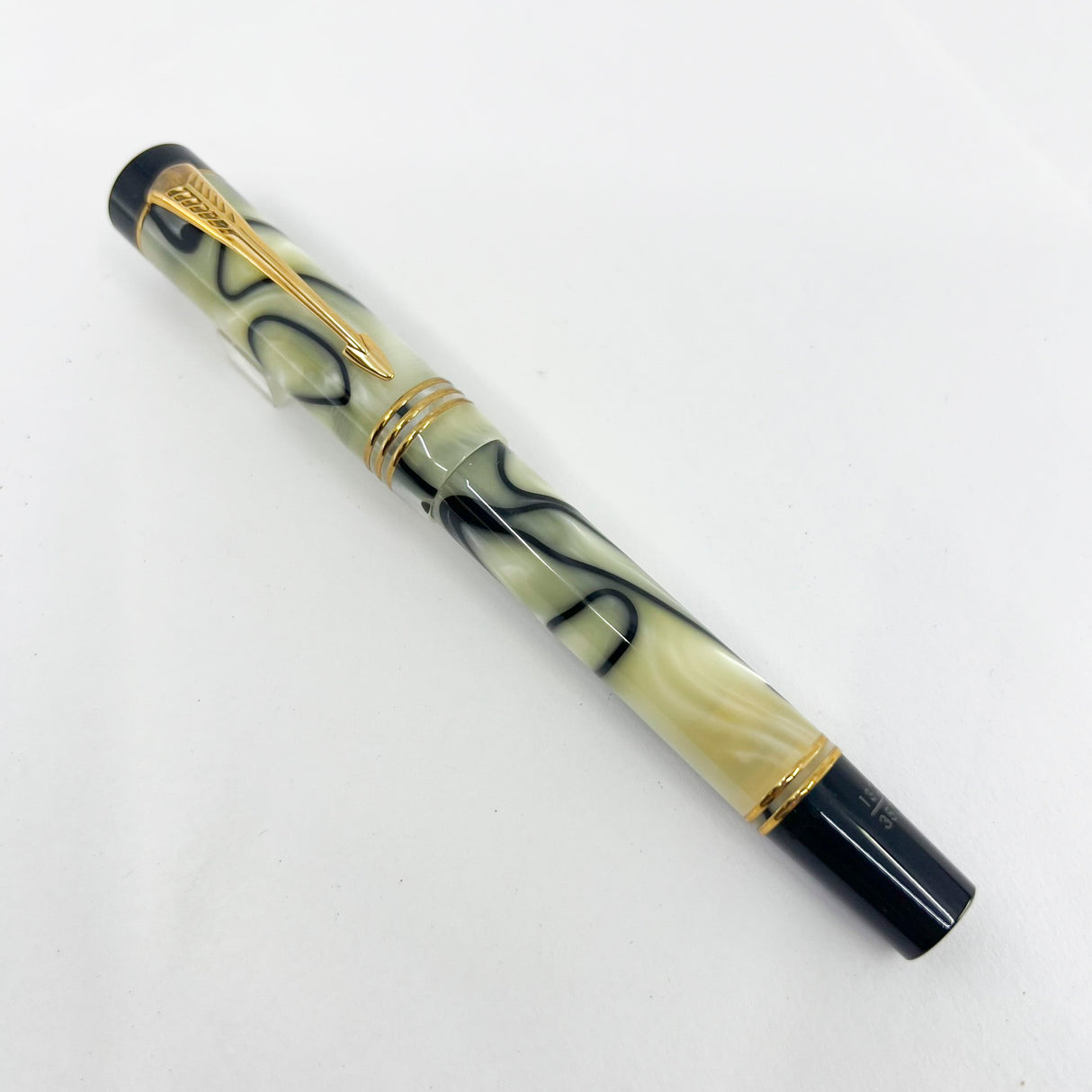 Parker Norman Rockwell Duofold Centennial Limited Edition Unique Swirly Black & Pearl Fountain Pen - Medium 18kt Gold Nib - Trim Rings and the Cap Top Medallion are Solid 18k Gold!