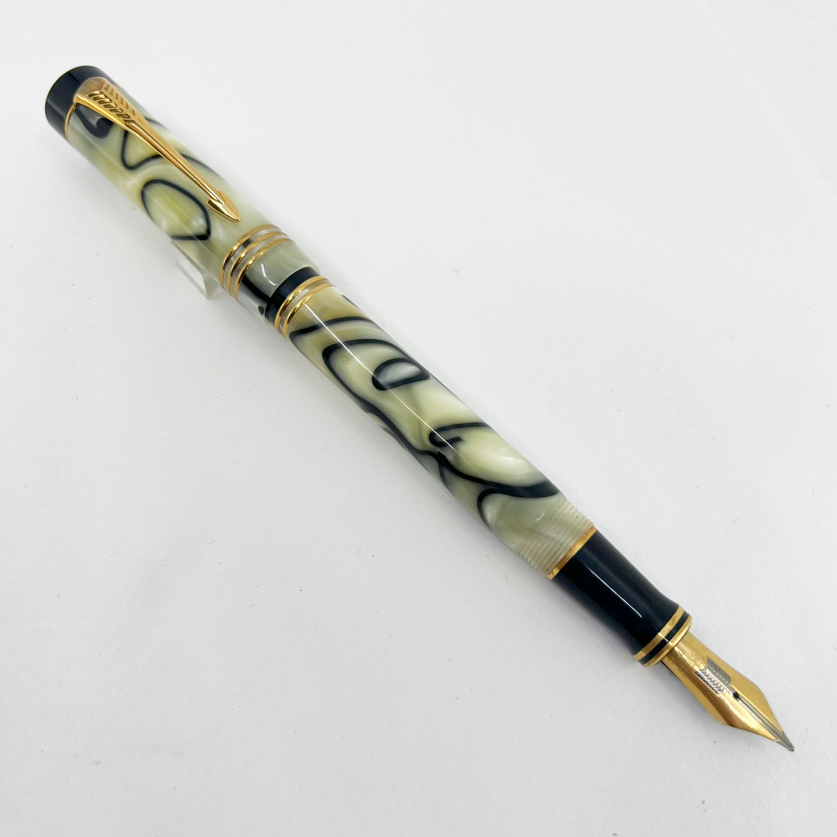 Parker Norman Rockwell Duofold Centennial Limited Edition Unique Swirly Black & Pearl Fountain Pen - Medium 18kt Gold Nib - Trim Rings and the Cap Top Medallion are Solid 18k Gold!