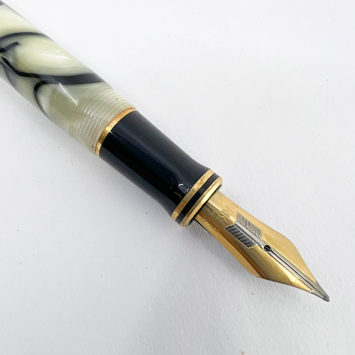 Parker Norman Rockwell Duofold Centennial Limited Edition Unique Swirly Black & Pearl Fountain Pen - Medium 18kt Gold Nib - Trim Rings and the Cap Top Medallion are Solid 18k Gold!