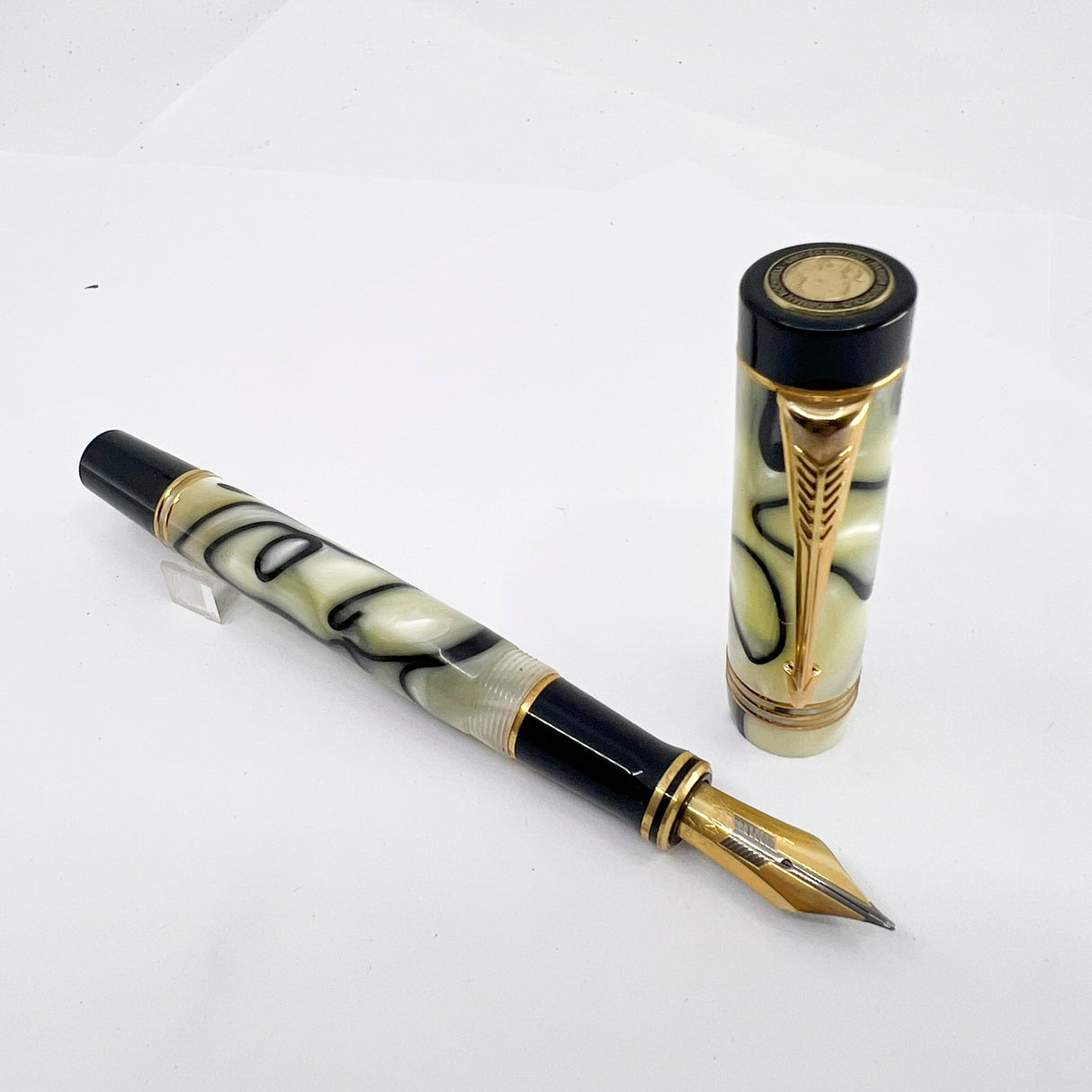 Parker Norman Rockwell Duofold Centennial Limited Edition Unique Swirly Black & Pearl Fountain Pen - Medium 18kt Gold Nib - Trim Rings and the Cap Top Medallion are Solid 18k Gold!
