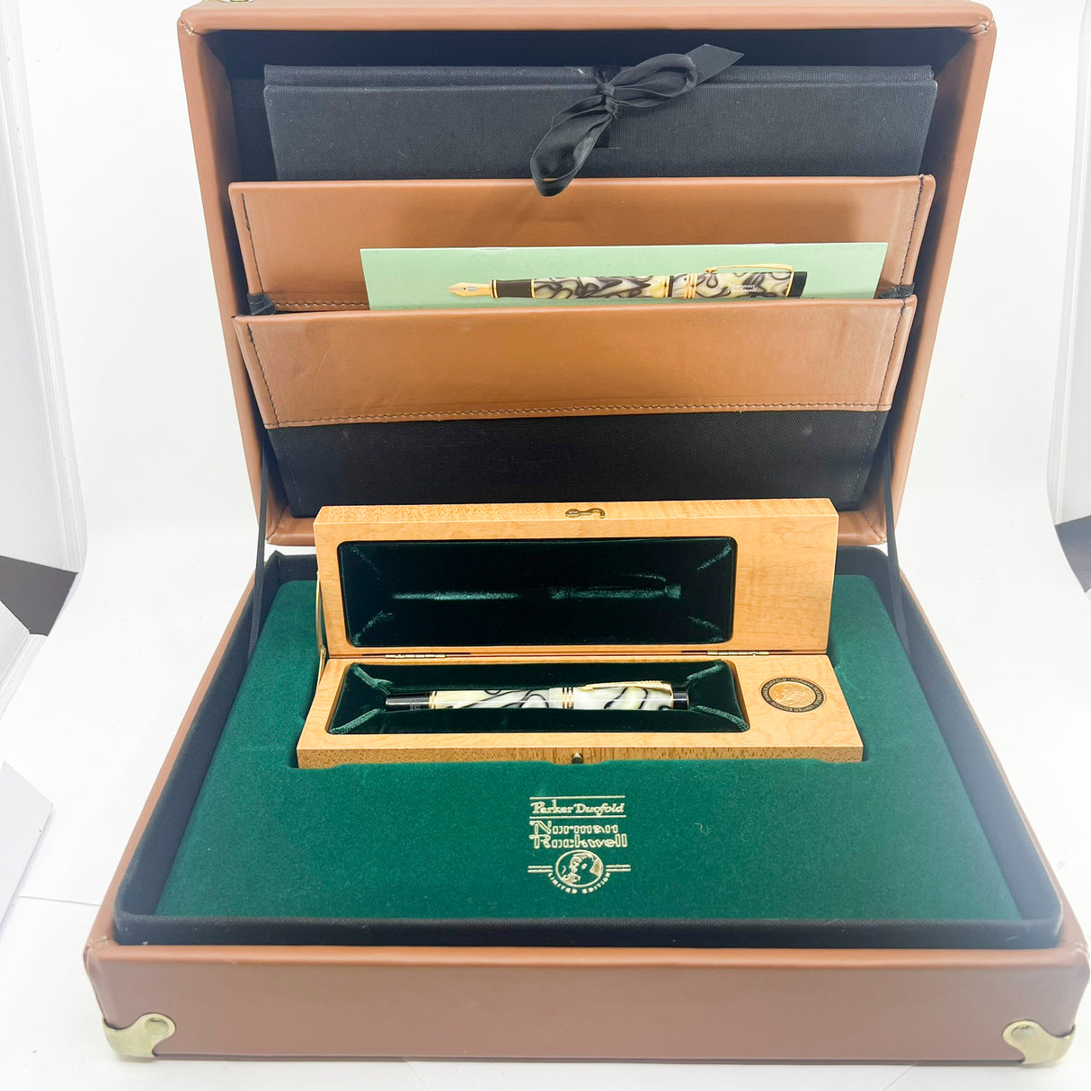 Parker Norman Rockwell Duofold Centennial Limited Edition Unique Swirly Black & Pearl Fountain Pen - Medium 18kt Gold Nib - Trim Rings and the Cap Top Medallion are Solid 18k Gold!