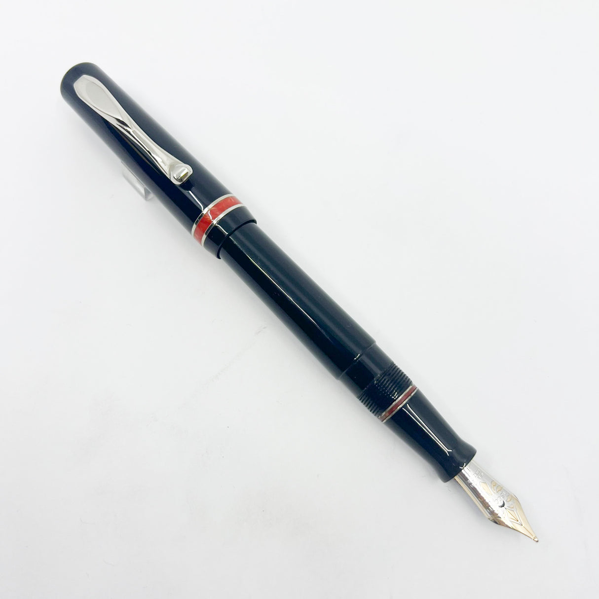 Visconti Glossy Black Resin Midnight Voyager Fountain Pen - Two Rings of Coral Celluloid - Broad 18kt Gold Nib