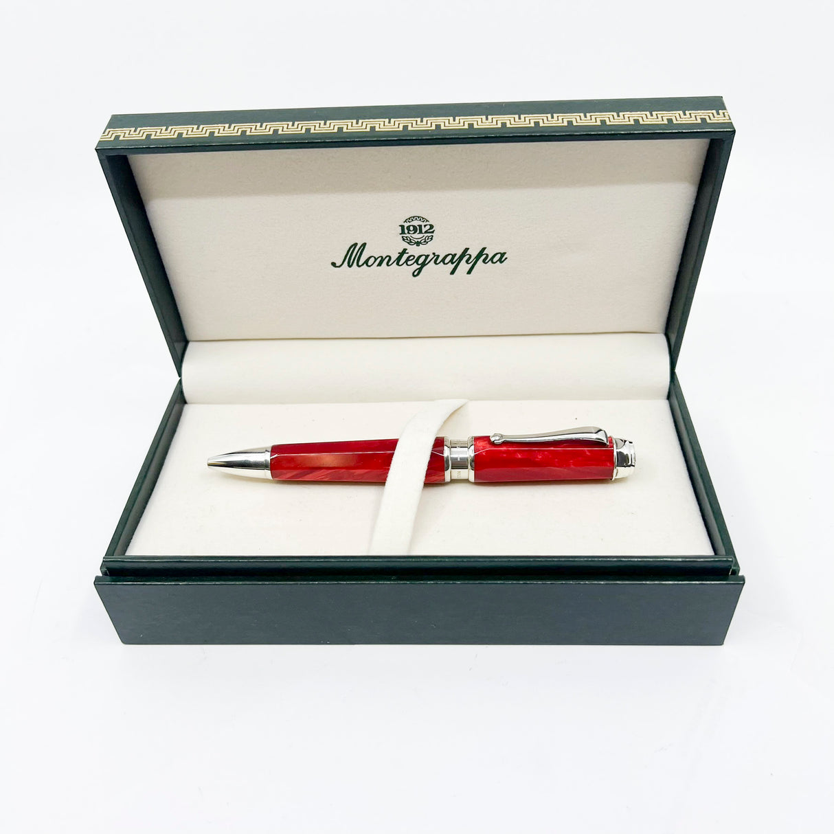 Montegrappa Espressione Lustrous Red Celluloid Facetted Ballpoint Pen - Sterling Silver Clip and Trim