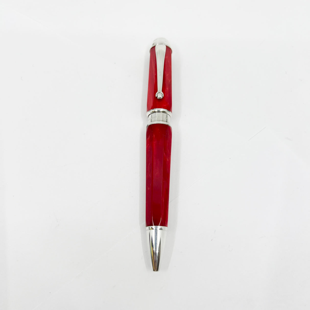 Montegrappa Espressione Lustrous Red Celluloid Facetted Ballpoint Pen - Sterling Silver Clip and Trim