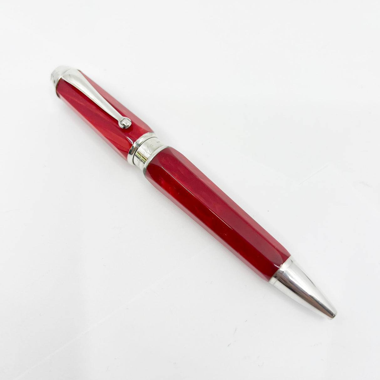 Montegrappa Espressione Lustrous Red Celluloid Facetted Ballpoint Pen - Sterling Silver Clip and Trim