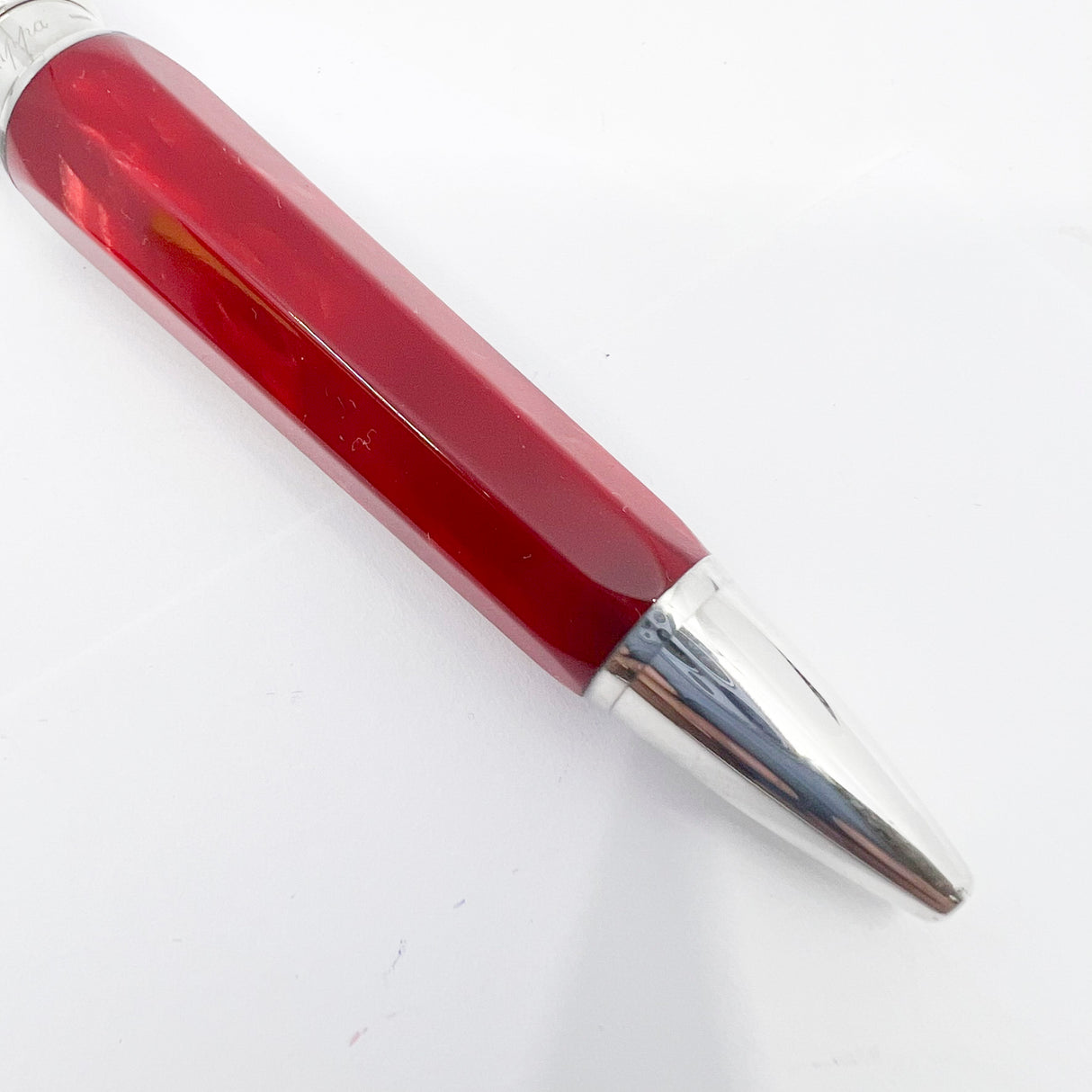 Montegrappa Espressione Lustrous Red Celluloid Facetted Ballpoint Pen - Sterling Silver Clip and Trim
