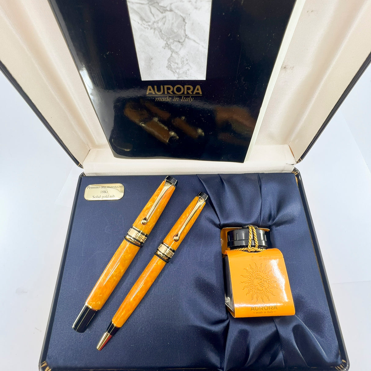 Aurora Sole Marbled Orange Limited Edition Boxed Set of Ballpoint Pen & Fountain Pen - Broad 18kt Gold Nib