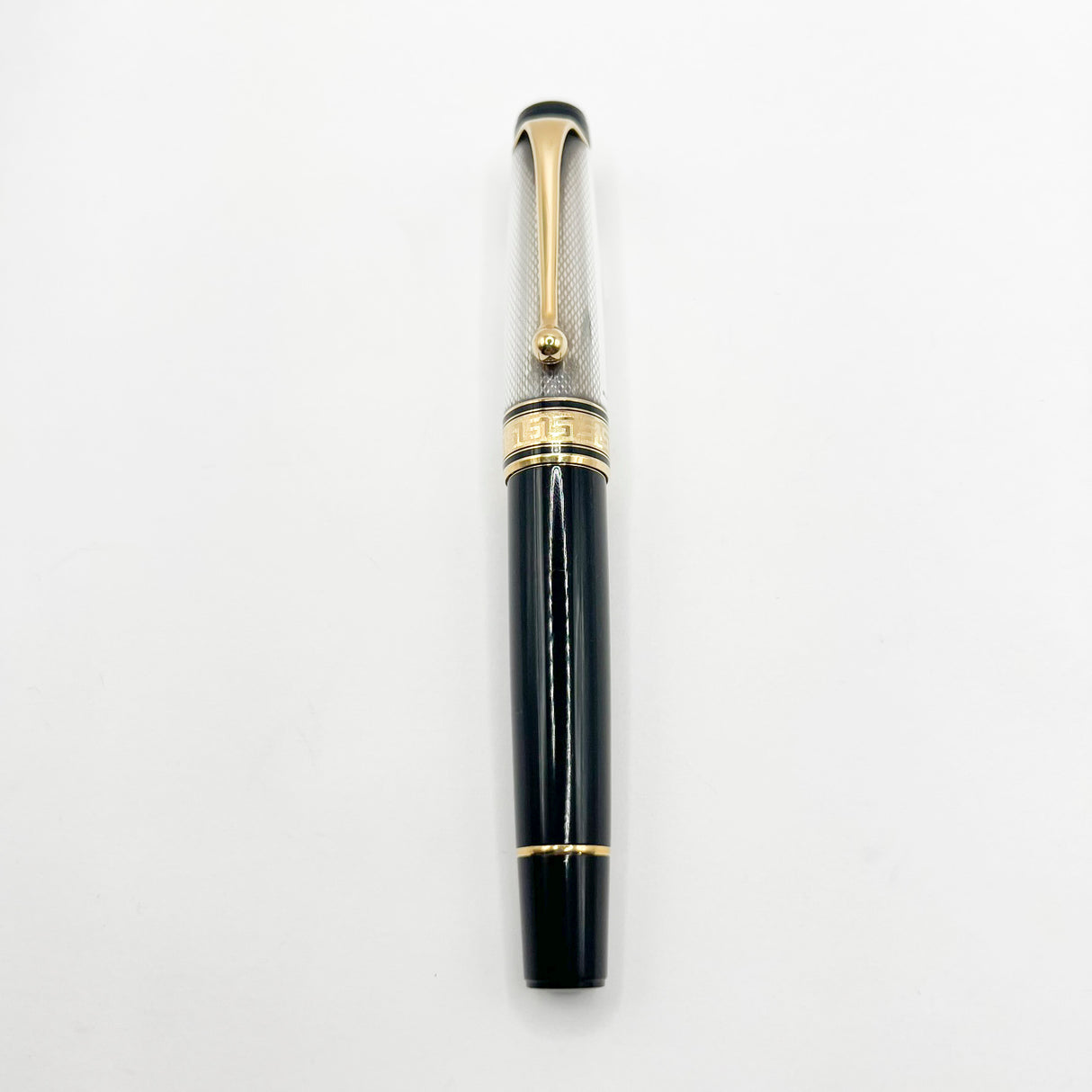 Aurora Optima Black Resin/Sterling Silver Guilloche Cap Fountain Pen - Fine 14kt Gold Nib