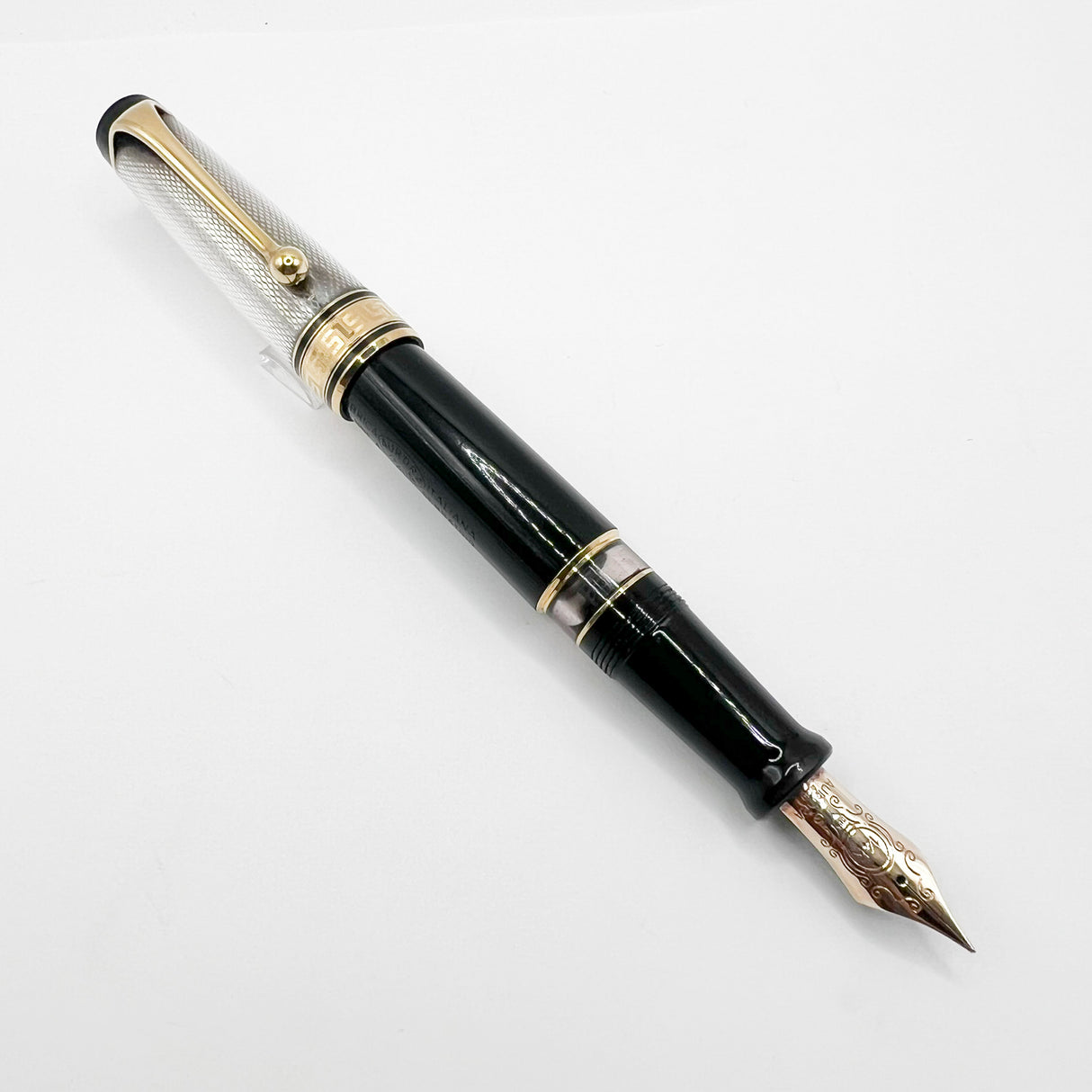 Aurora Optima Black Resin/Sterling Silver Guilloche Cap Fountain Pen - Fine 14kt Gold Nib