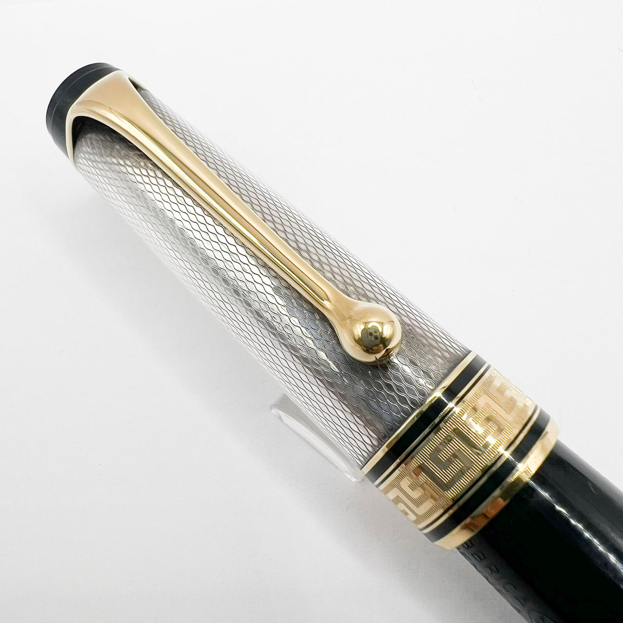 Aurora Optima Black Resin/Sterling Silver Guilloche Cap Fountain Pen - Fine 14kt Gold Nib