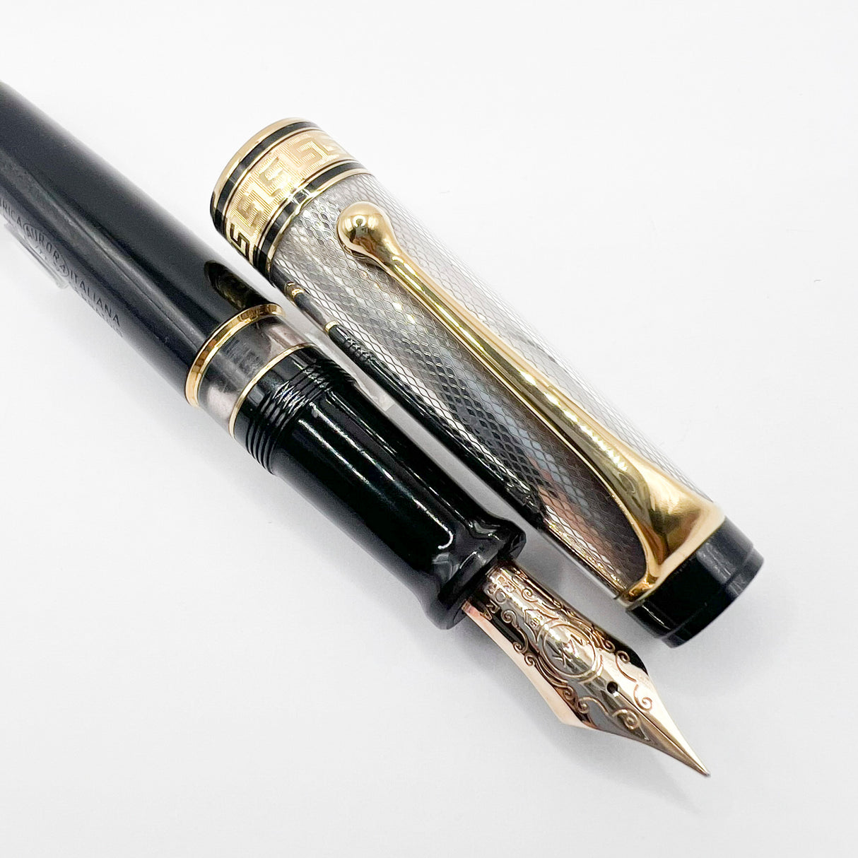 Aurora Optima Black Resin/Sterling Silver Guilloche Cap Fountain Pen - Fine 14kt Gold Nib