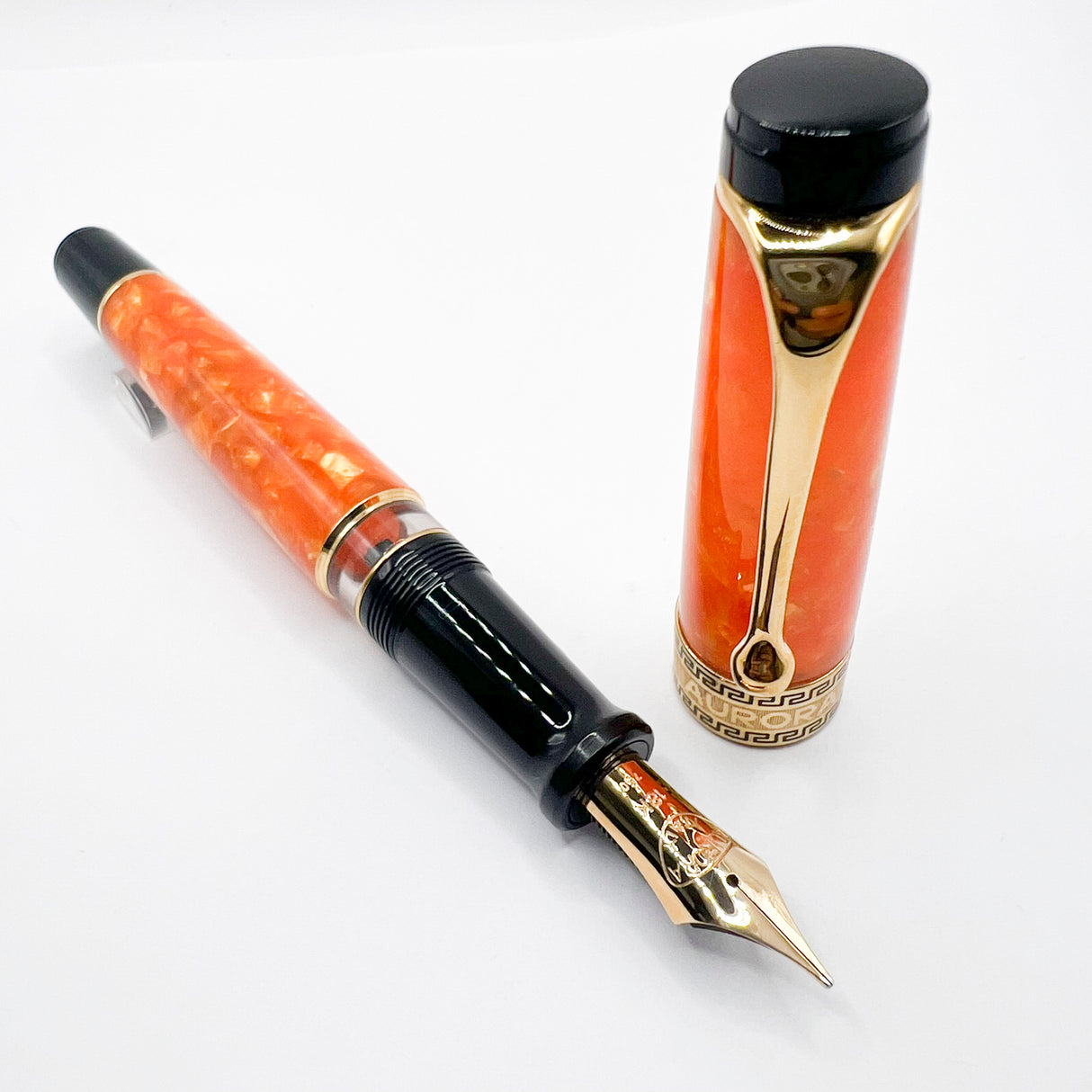 Aurora Optima Marbled Orange Auroloide Fountain Pen - Medium 18kt Gold Nib (Offered Only in 14kt Elsewhere)