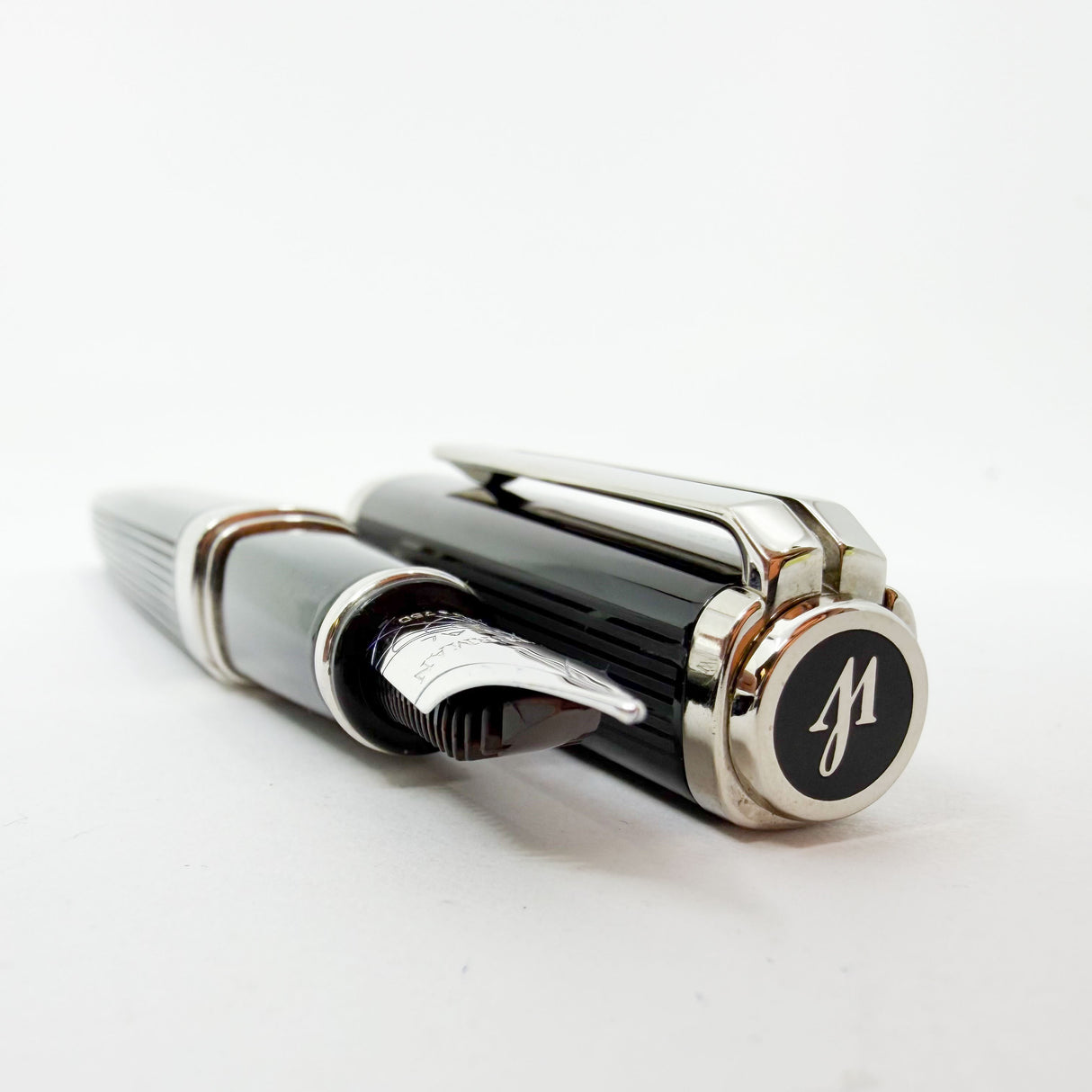 Waterman Oversized Exception Black Fountain Pen - Alternating Sides of Charcoal Stripes -Medium 18kt Gold Nib