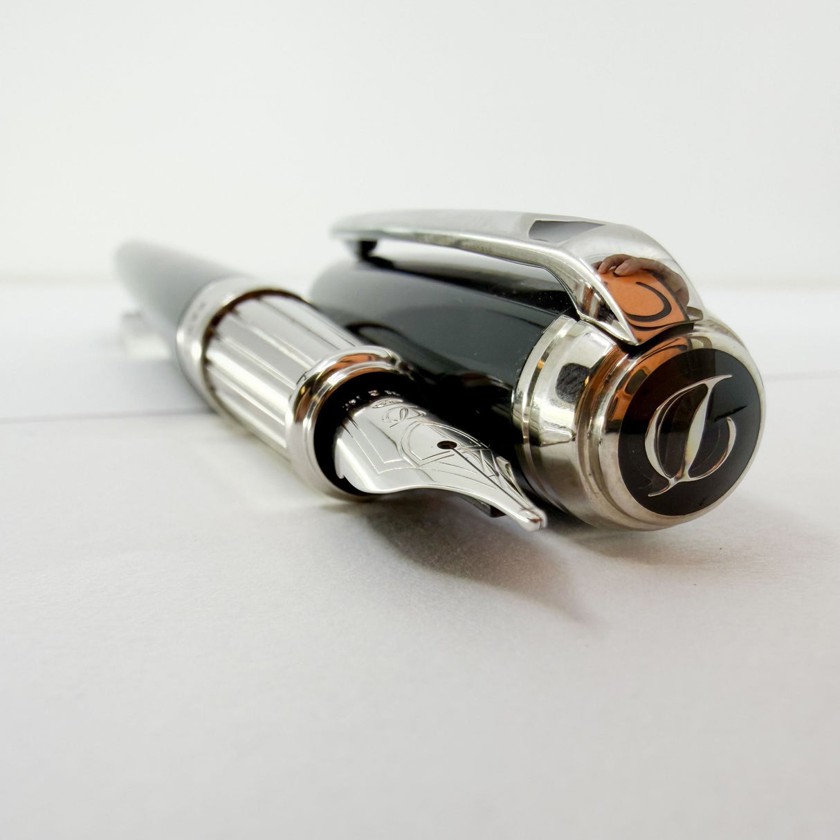 S. T. Dupont Line D Eternity Black Lacquer Large Size Fountain Pen - Palladium Plated Trim - Broad 14kt Gold Nib