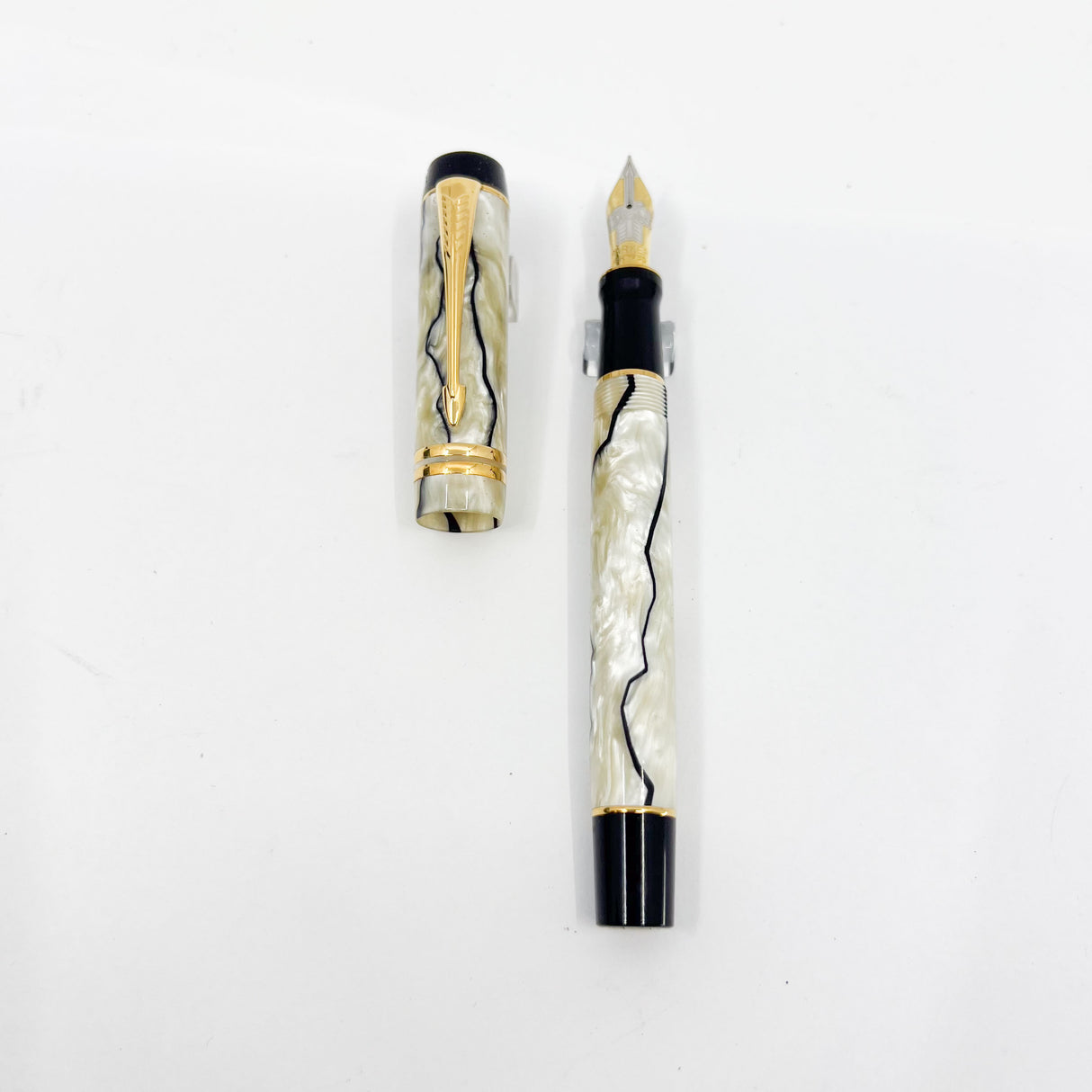 Parker Duofold Centennial (Largest Size) Black & Pearl Fountain Pen - Fine 18kt Gold Nib