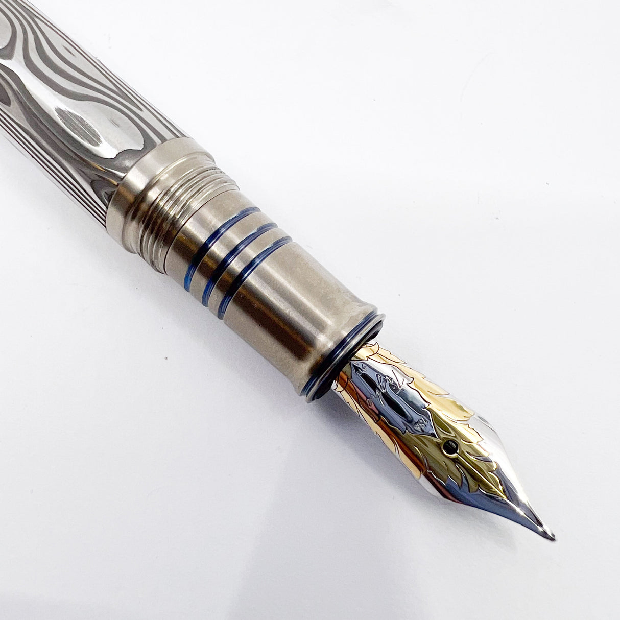 Grayson Tighe Odin's Eye Damascus Steel over Titanium Limited Edition Fountain Pen - Medium Tighe 18kt Gold Nib (2004) - RARE & VERY DESIRABLE!!