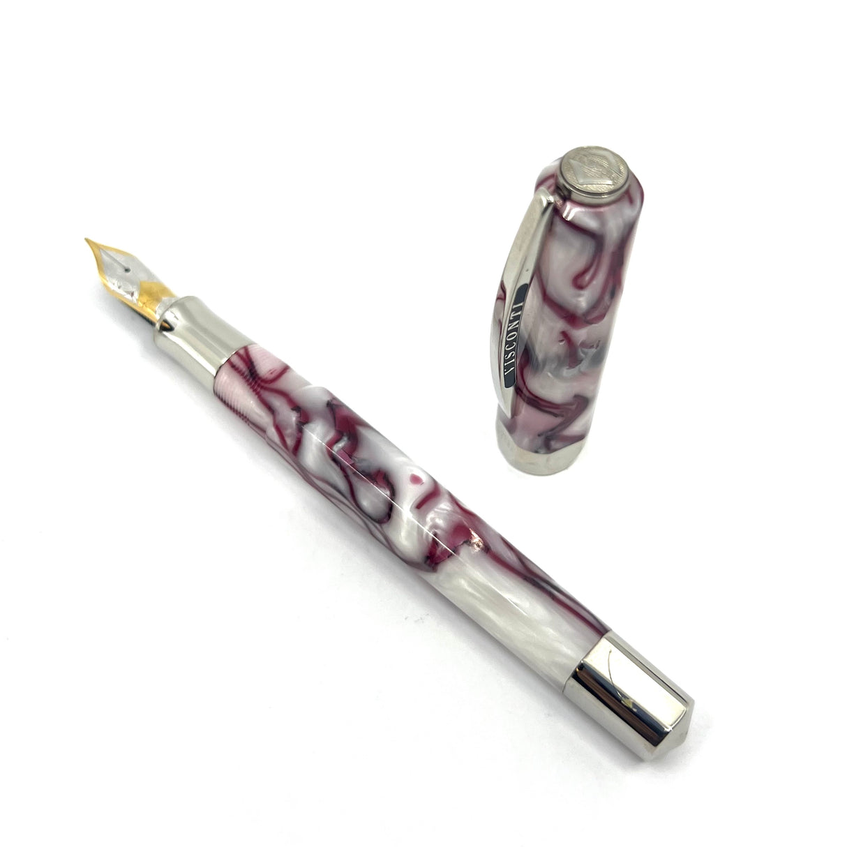 Visconti Opera Fountain Pen with Burgundy Streaking on Lustrous White Backdrop - Medium 14kt Gold Nib