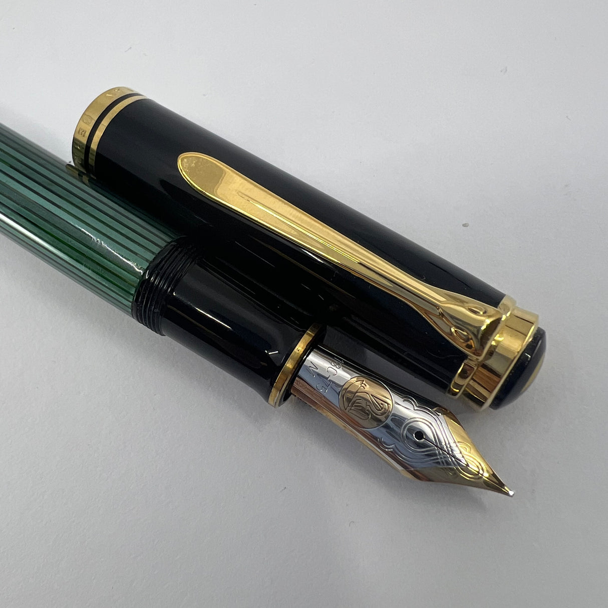 Pelikan Souveran M1000 Green Striped Barrel/Black Cap Fountain Pen - Medium 18kt Gold "PF" Nib