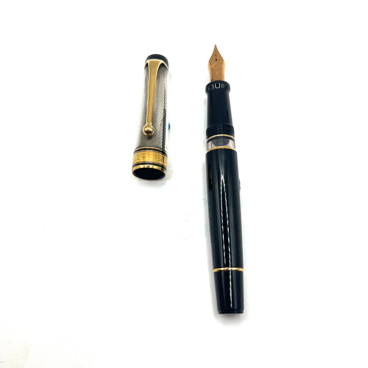 Aurora Optima Sterling Silver Guilloche Cap/Black Resin Barrel Fountain Pen - Medium 14kt Gold Nib
