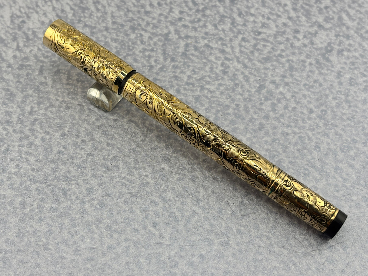 Waterman # 0512 1/2 Safety Fountain Pen Gold filled Floral Pattern - Retractable Nib