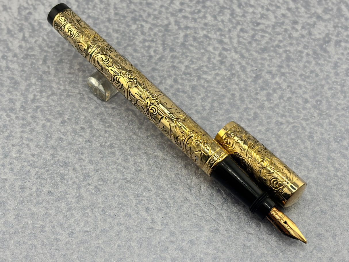 Waterman # 0512 1/2 Safety Fountain Pen Gold filled Floral Pattern - Retractable Nib