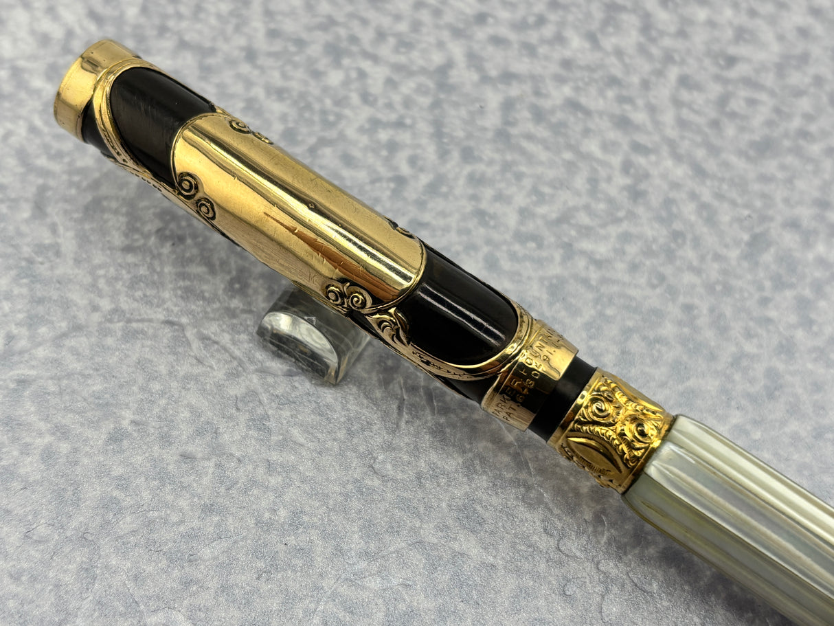 Parker # 15 Gold filled filigree with Fluted mother-of-pearl slabs eyedropper-fill Fountain Pen ca 1910-15