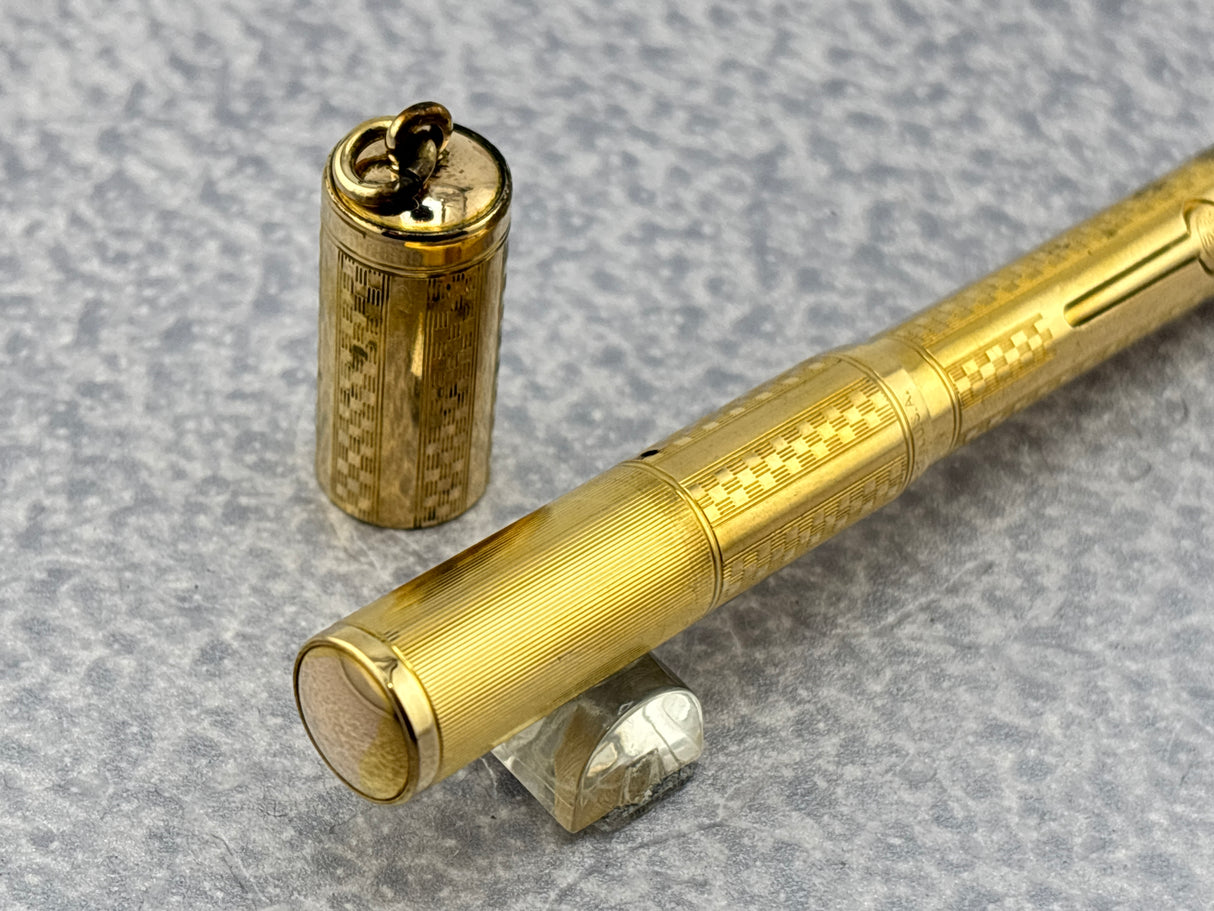 Waterman Gold-Filled # 0512 1/2 VPSF (Vest Pocket Self Filler) Gothic Overlay Ring Top Fountain Pen with Scarce Second Cap to Protect One's Clothing