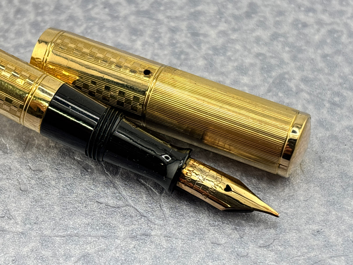 Waterman Gold-Filled # 0512 1/2 VPSF (Vest Pocket Self Filler) Gothic Overlay Ring Top Fountain Pen with Scarce Second Cap to Protect One's Clothing