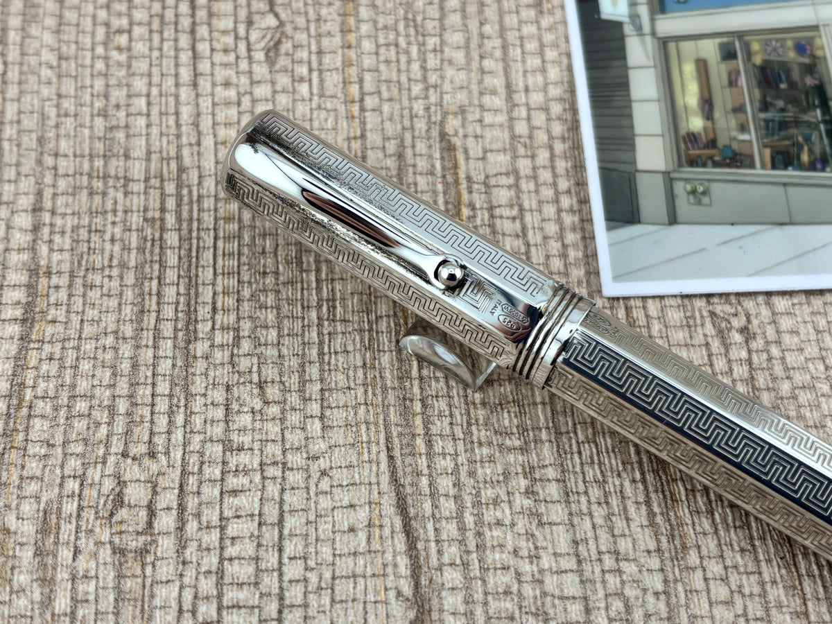 Montegrappa Mid-Size Reminiscence Sterling Silver Greek Key Pattern Faceted Rollerball Pen