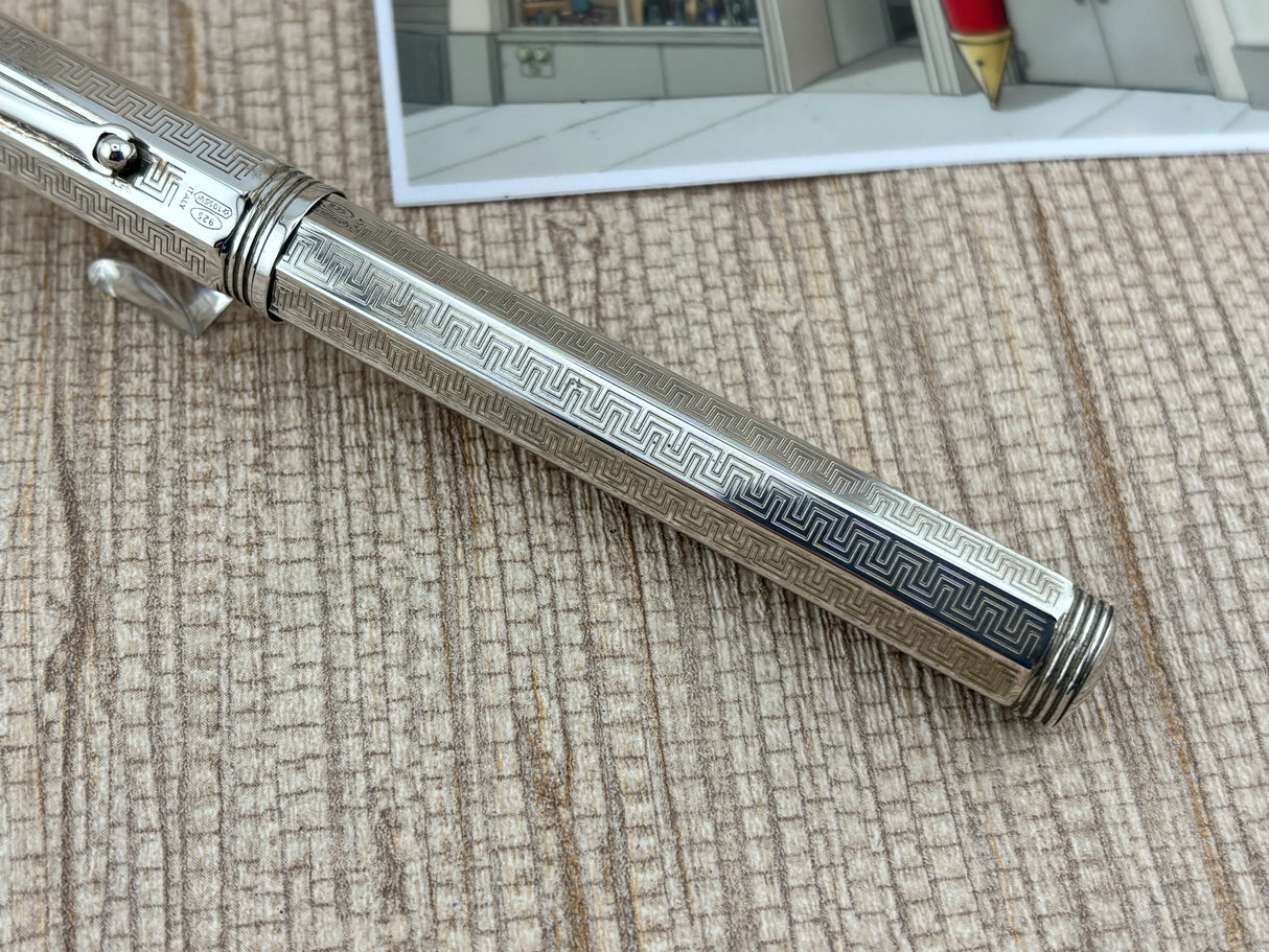 Montegrappa Mid-Size Reminiscence Sterling Silver Greek Key Pattern Faceted Rollerball Pen