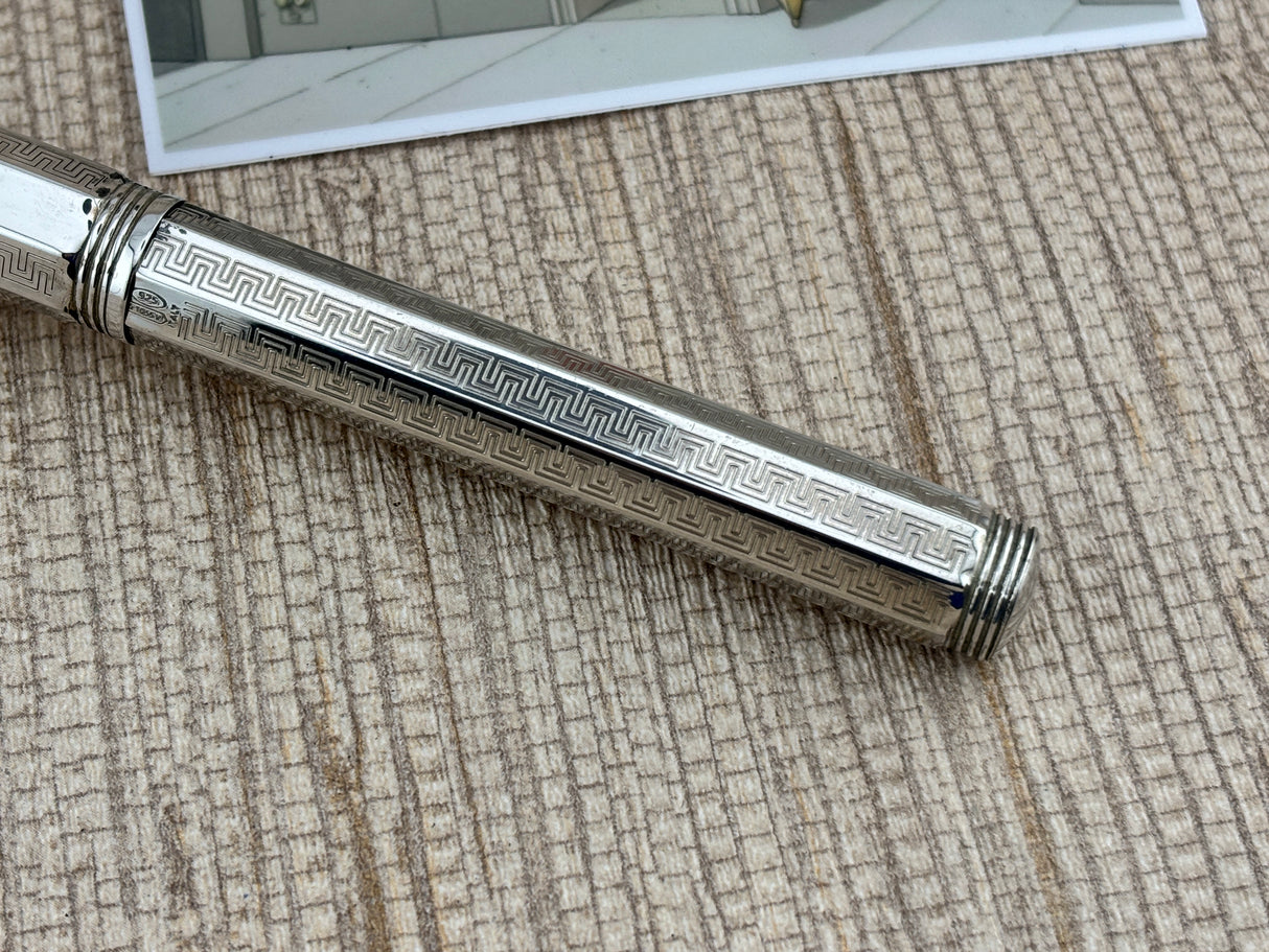 Montegrappa Mid-Size Reminiscence Sterling Silver Greek Key Pattern Faceted Rollerball Pen