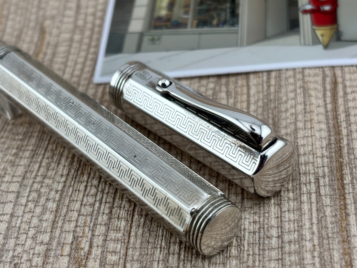 Montegrappa Mid-Size Reminiscence Sterling Silver Greek Key Pattern Faceted Rollerball Pen