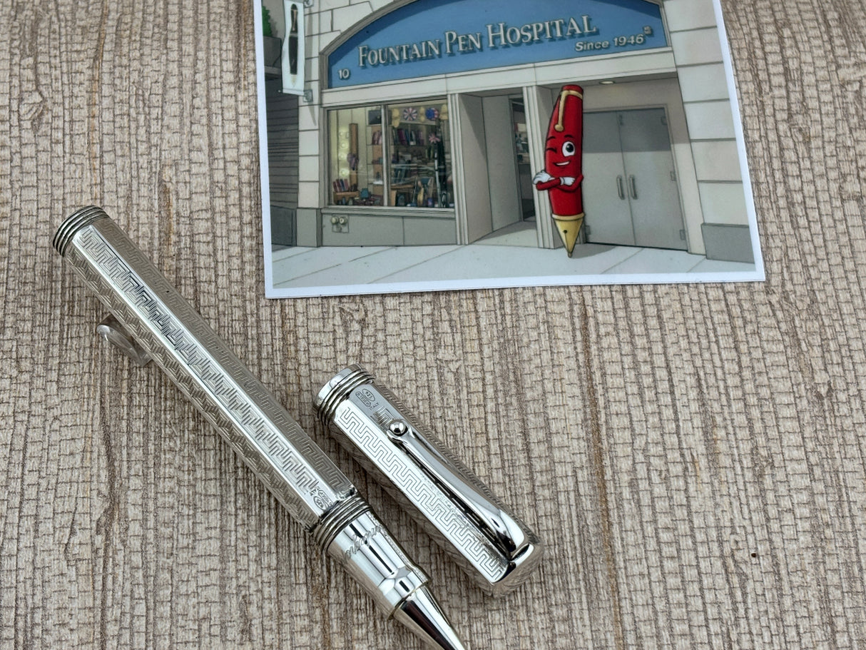 Montegrappa Mid-Size Reminiscence Sterling Silver Greek Key Pattern Faceted Rollerball Pen